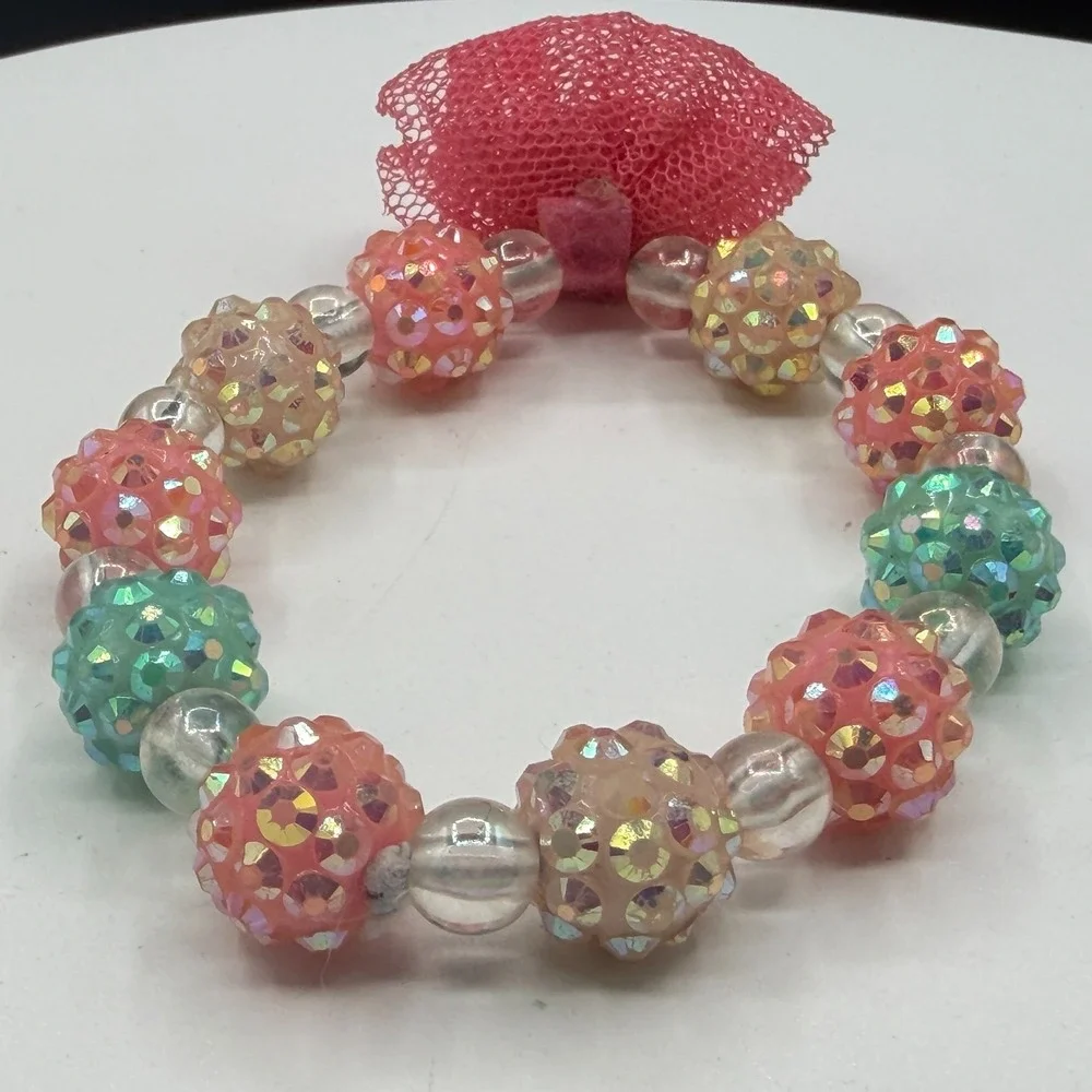 Girls Pink Flower Beaded Stretch Bracelet Sparkly Pastel Kids Gift Cute Floral